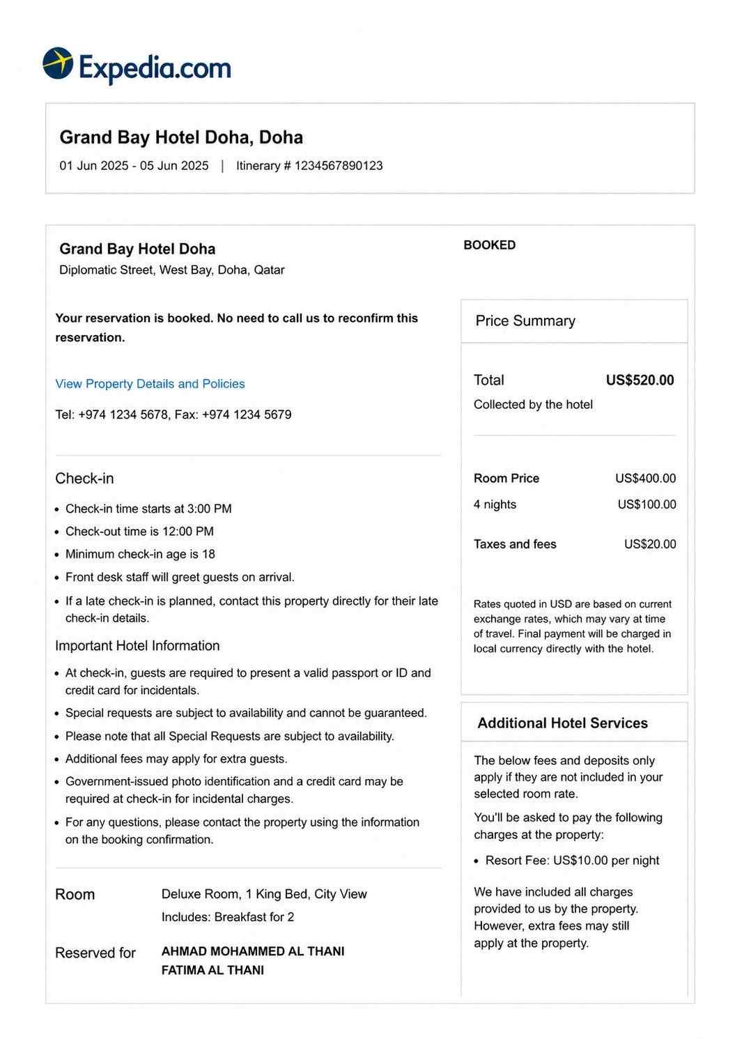 Hotel Booking Confirmation Sample